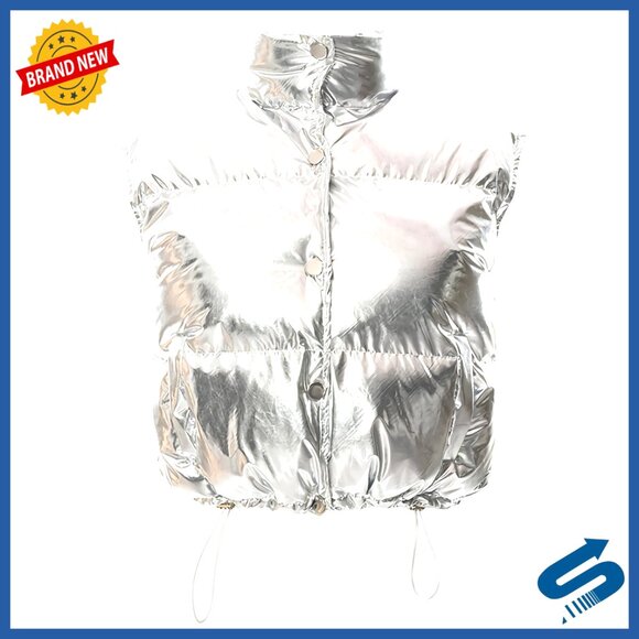 Women's Metallic Quilted Down Crop Vest Sleeveless Puffer Jacket